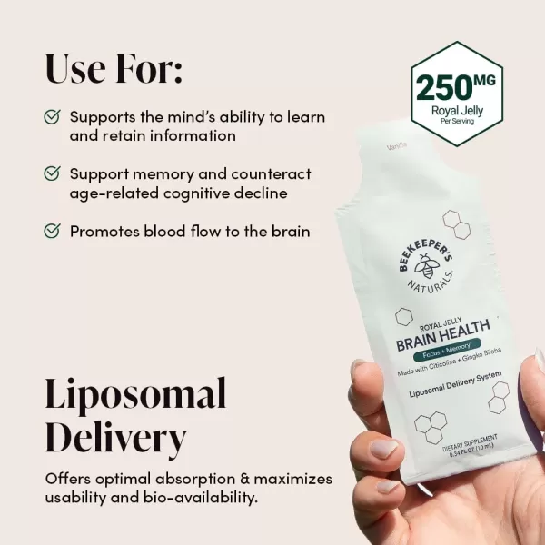 imageBrain Health by Beekeepers Naturals 500mg Citocoline as Cognizin Ginkgo Biloba Bacopa Monnieri ampamp Royal Jelly Supports Focus ampamp Memory Easier Absorption Plus a Tasty Vanilla Flavor 10ct10 Servings Pack of 1