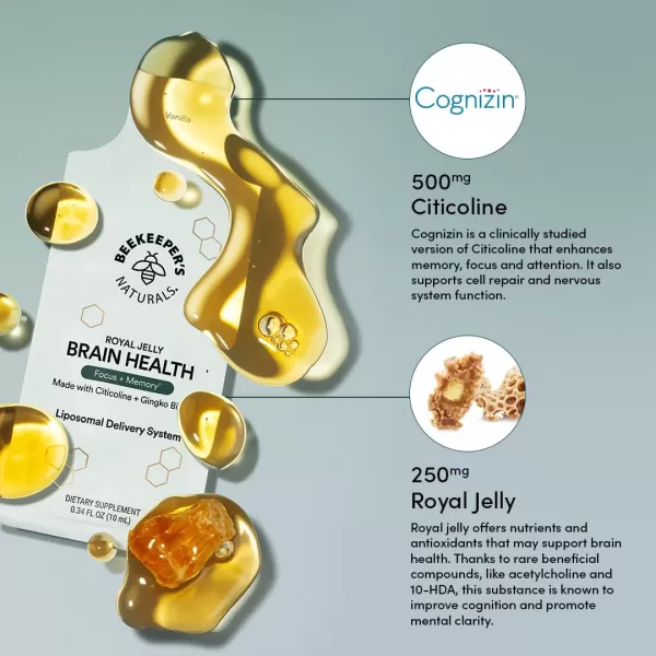 imageBrain Health by Beekeepers Naturals 500mg Citocoline as Cognizin Ginkgo Biloba Bacopa Monnieri ampamp Royal Jelly Supports Focus ampamp Memory Easier Absorption Plus a Tasty Vanilla Flavor 10ct10 Servings Pack of 1