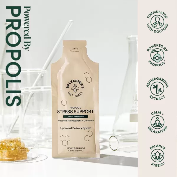 imagePropolis Stress Support Liposomal by Beekeepers Naturals 600mg Ashwagandha  Ltheanine AntiStress Support for More Calm ampamp Relaxation30ct10 Count Pack of 1