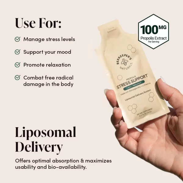 imagePropolis Stress Support Liposomal by Beekeepers Naturals 600mg Ashwagandha  Ltheanine AntiStress Support for More Calm ampamp Relaxation30ct30 Count Pack of 1