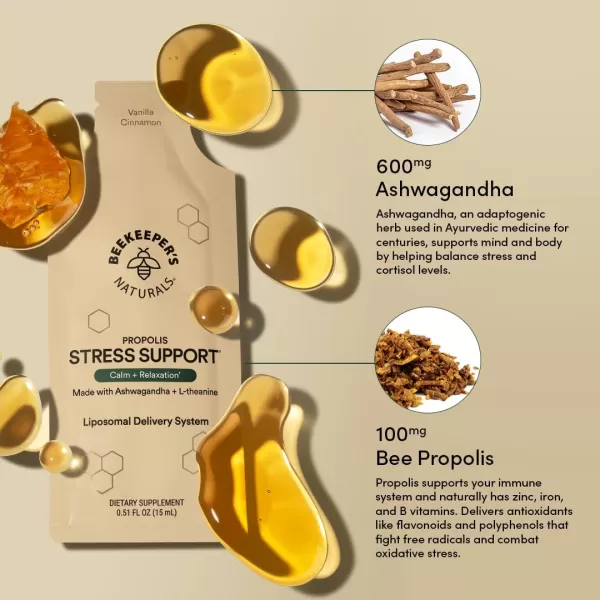 imagePropolis Stress Support Liposomal by Beekeepers Naturals 600mg Ashwagandha  Ltheanine AntiStress Support for More Calm ampamp Relaxation30ct30 Count Pack of 1