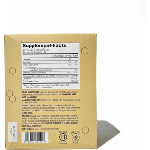 imagePropolis Stress Support Liposomal by Beekeepers Naturals 600mg Ashwagandha  Ltheanine AntiStress Support for More Calm ampamp Relaxation30ct30 Count Pack of 1