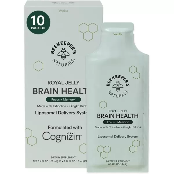 imageBrain Health by Beekeepers Naturals 500mg Citocoline as Cognizin Ginkgo Biloba Bacopa Monnieri ampamp Royal Jelly Supports Focus ampamp Memory Easier Absorption Plus a Tasty Vanilla Flavor 10ct10 Servings Pack of 1