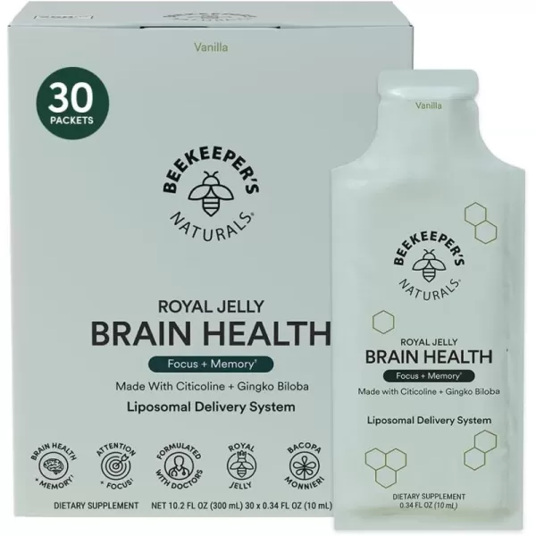 imageBrain Health by Beekeepers Naturals 500mg Citocoline as Cognizin Ginkgo Biloba Bacopa Monnieri ampamp Royal Jelly Supports Focus ampamp Memory Easier Absorption Plus a Tasty Vanilla Flavor 10ct30 Servings Pack of 1