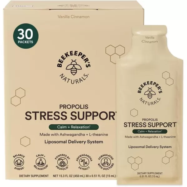 imagePropolis Stress Support Liposomal by Beekeepers Naturals 600mg Ashwagandha  Ltheanine AntiStress Support for More Calm ampamp Relaxation30ct30 Count Pack of 1