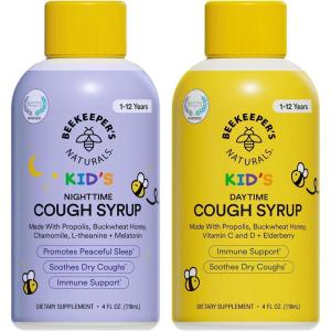 imageBeekeepers Naturals Kids Honey Cough Syrup  Day ampamp Night Value Pack  Immune Support with Elderberry Vitamin C D Propolis ampamp Raw Honey  Soothing Clean Ingredients  Two Pack 2 x 4 fl ozKids AMPM Cough Syrup