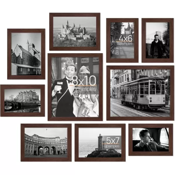 upsimples 10 Pack Picture Frames Collage Wall Decor with Glass Gallery Wall Frame Set for Wall Mounting or Tabletop Display Multi Sizes Including 8x10 5x7 4x6 Family Photo Frames BrownBrown