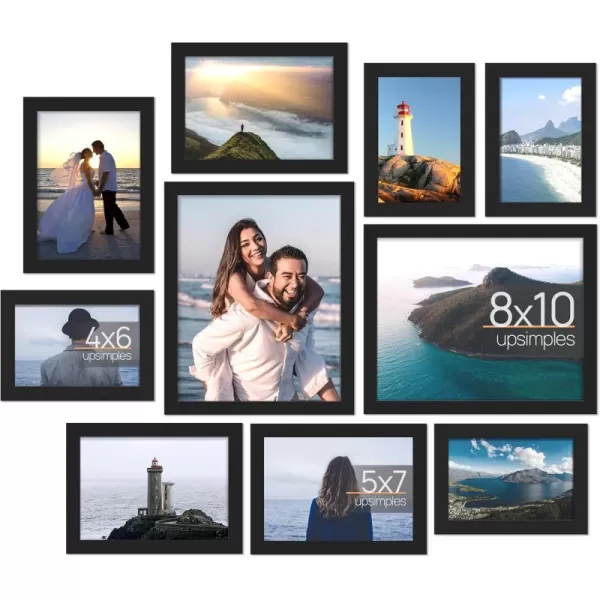 upsimples 10 Pack Picture Frames Collage Wall Decor with Glass Gallery Wall Frame Set for Wall Mounting or Tabletop Display Multi Sizes Including 8x10 5x7 4x6 Family Photo Frames BrownBlack