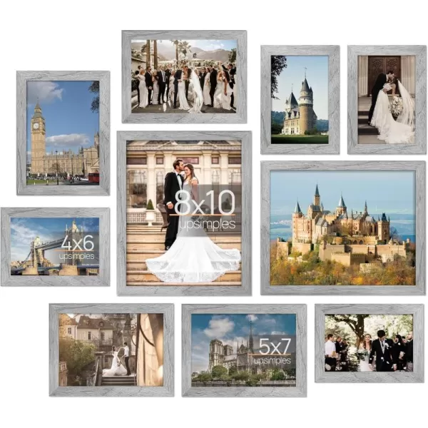 upsimples 10 Pack Picture Frames Collage Wall Decor with Glass Gallery Wall Frame Set for Wall Mounting or Tabletop Display Multi Sizes Including 8x10 5x7 4x6 Family Photo Frames BrownGray