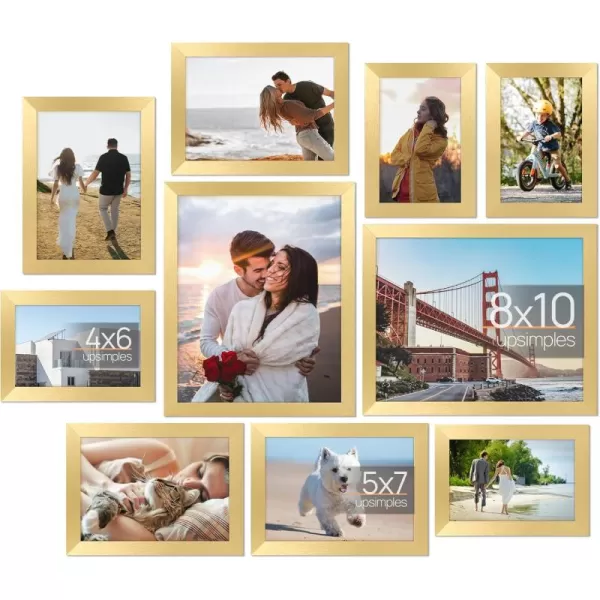 upsimples 10 Pack Picture Frames Collage Wall Decor with Glass Gallery Wall Frame Set for Wall Mounting or Tabletop Display Multi Sizes Including 8x10 5x7 4x6 Family Photo Frames BrownGold