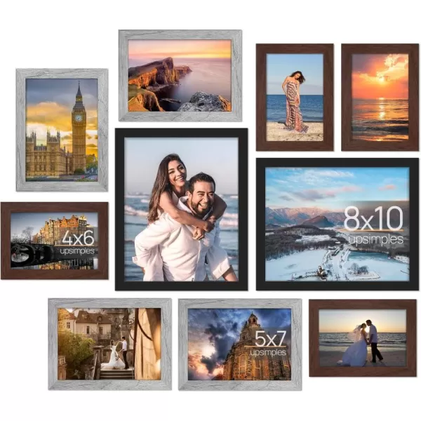 upsimples 10 Pack Picture Frames Collage Wall Decor with Glass Gallery Wall Frame Set for Wall Mounting or Tabletop Display Multi Sizes Including 8x10 5x7 4x6 Family Photo Frames BrownBlackGrayBrown