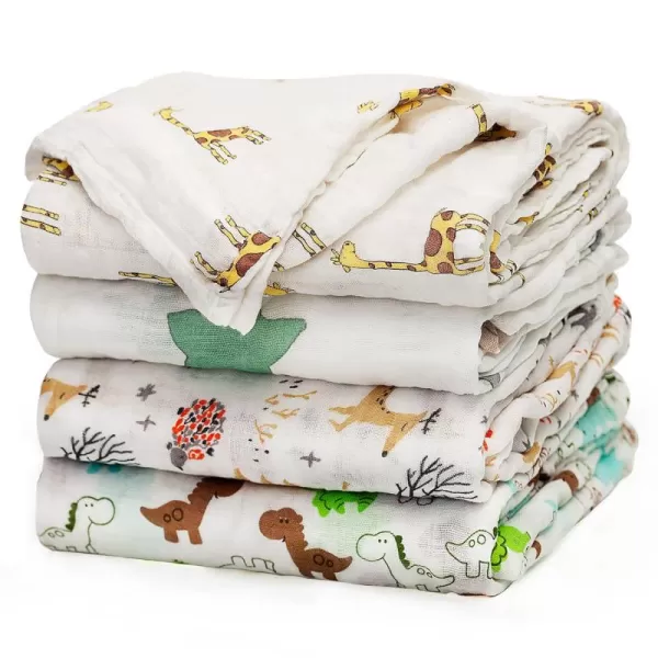 upsimples Baby Swaddle Blanket Unisex Swaddle Wrap Soft Silky Muslin Swaddle Blankets Neutral Receiving Blanket for Boys and Girls 47 x 47 inches Set of 4  FoxElephantGiraffeDinosaurGreen White