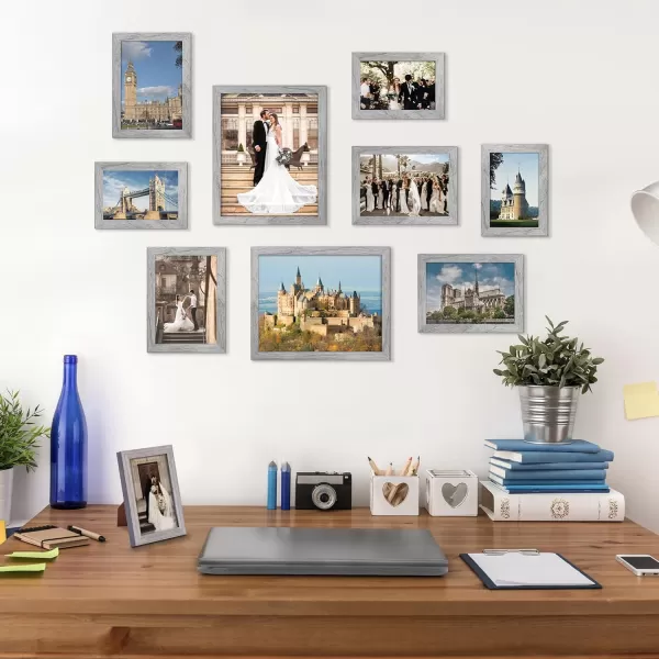 upsimples 10 Pack Picture Frames Collage Wall Decor with Glass Gallery Wall Frame Set for Wall Mounting or Tabletop Display Multi Sizes Including 8x10 5x7 4x6 Family Photo Frames BrownGray