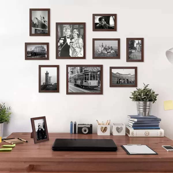 upsimples 10 Pack Picture Frames Collage Wall Decor with Glass Gallery Wall Frame Set for Wall Mounting or Tabletop Display Multi Sizes Including 8x10 5x7 4x6 Family Photo Frames BrownBrown