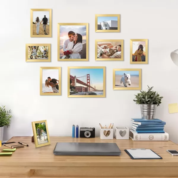 upsimples 10 Pack Picture Frames Collage Wall Decor with Glass Gallery Wall Frame Set for Wall Mounting or Tabletop Display Multi Sizes Including 8x10 5x7 4x6 Family Photo Frames BrownGold