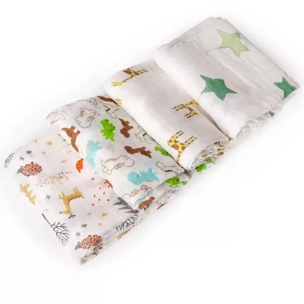 upsimples Baby Swaddle Blanket Unisex Swaddle Wrap Soft Silky Muslin Swaddle Blankets Neutral Receiving Blanket for Boys and Girls 47 x 47 inches Set of 4  FoxElephantGiraffeDinosaurGreen White