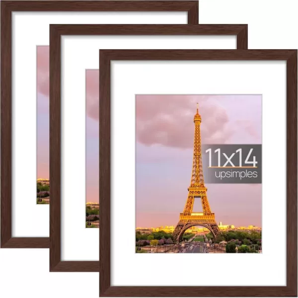 upsimples 11x14 Picture Frame Set of 3 Made of High Definition Glass for 8x10 with Mat or 11x14 Without Mat Wall and Tabletop Display Photo Frames BrownBrown