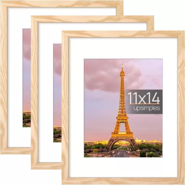 upsimples 11x14 Picture Frame Set of 3 Made of High Definition Glass for 8x10 with Mat or 11x14 Without Mat Wall and Tabletop Display Photo Frames BrownNatural