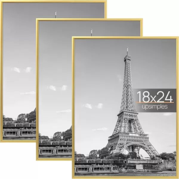 upsimples 18x24 Frame Natural 3 Pack Poster Frames 18 x 24 for Horizontal or Vertical Wall Mounting ScratchProof Wall Gallery Photo FrameGold