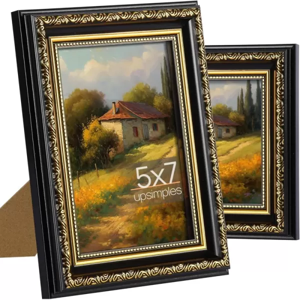 upsimples 5x5 Picture Frame with Real Glass 2 Pack Ornate Vintage Picture Frames for Wall or Tabletop Display Gold 5 x 5 Frame for Wall DcorBlackGold