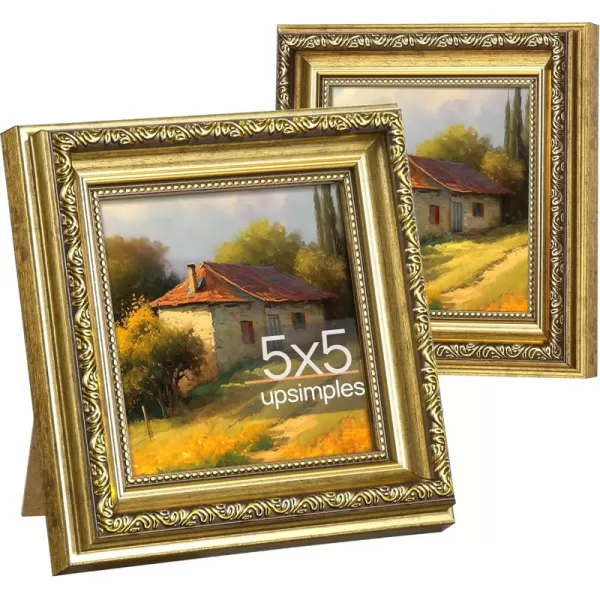 upsimples 5x5 Picture Frame with Real Glass 2 Pack Ornate Vintage Picture Frames for Wall or Tabletop Display Gold 5 x 5 Frame for Wall DcorGold