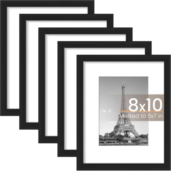 upsimples 8x10 Picture Frame Set of 5 Display Pictures 5x7 with Mat or 8x10 Without Mat Wall Gallery Photo Frames BrownBlack