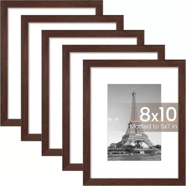 upsimples 8x10 Picture Frame Set of 5 Display Pictures 5x7 with Mat or 8x10 Without Mat Wall Gallery Photo Frames BrownBrown