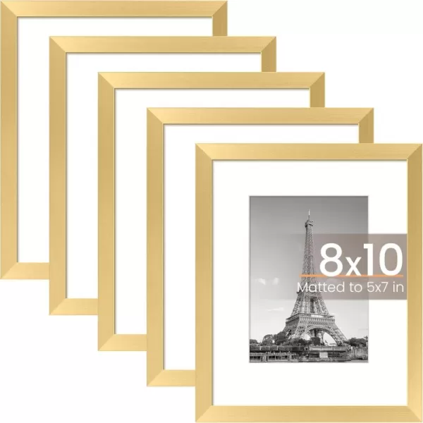 upsimples 8x10 Picture Frame Set of 5 Display Pictures 5x7 with Mat or 8x10 Without Mat Wall Gallery Photo Frames BrownGold