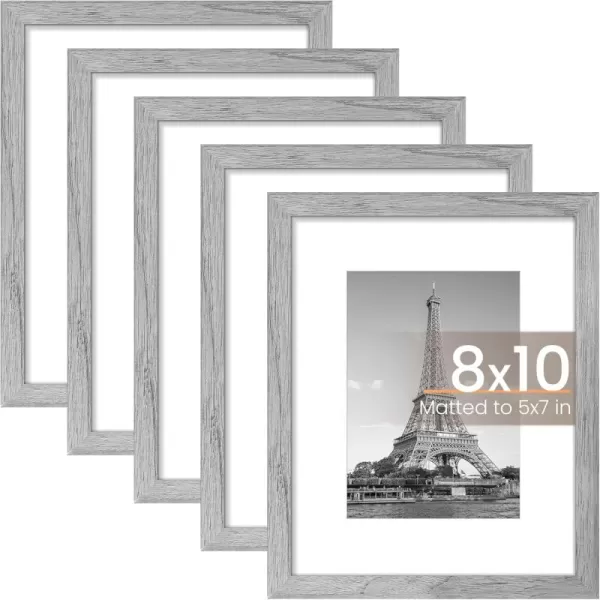 upsimples 8x10 Picture Frame Set of 5 Display Pictures 5x7 with Mat or 8x10 Without Mat Wall Gallery Photo Frames BrownGray