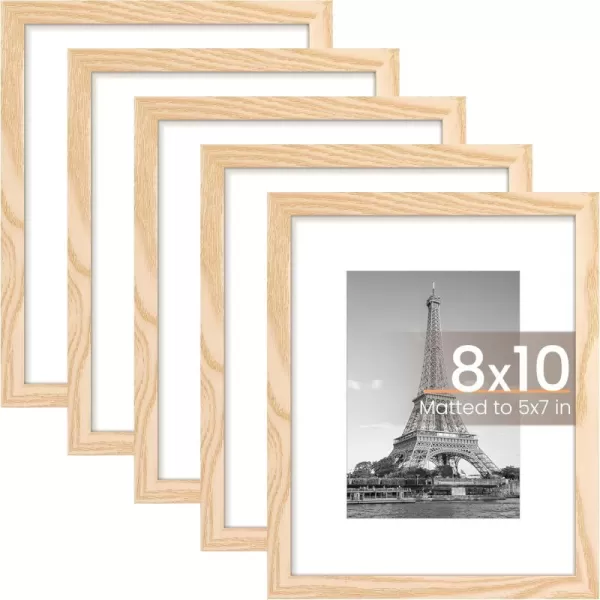 upsimples 8x10 Picture Frame Set of 5 Display Pictures 5x7 with Mat or 8x10 Without Mat Wall Gallery Photo Frames BrownNatural