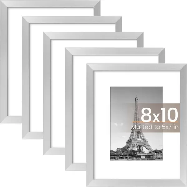 upsimples 8x10 Picture Frame Set of 5 Display Pictures 5x7 with Mat or 8x10 Without Mat Wall Gallery Photo Frames BrownSilver