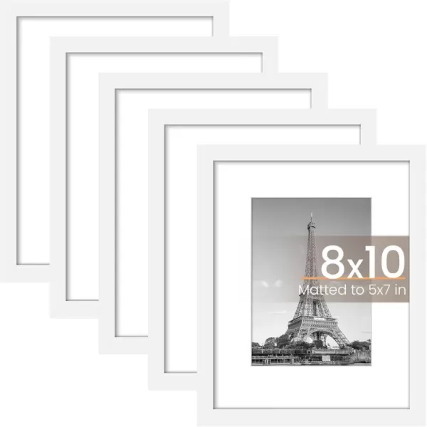 upsimples 8x10 Picture Frame Set of 5 Display Pictures 5x7 with Mat or 8x10 Without Mat Wall Gallery Photo Frames BrownWhite