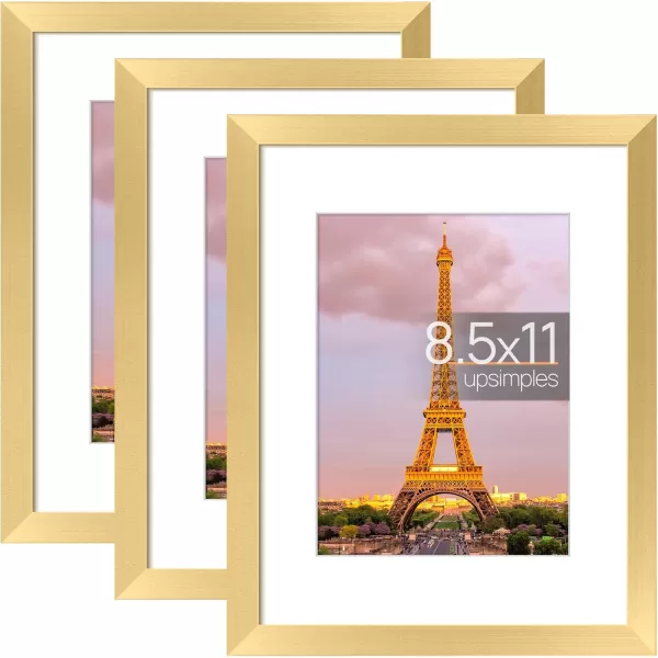 upsimples 11x14 Picture Frame Set of 3 Made of High Definition Glass for 8x10 with Mat or 11x14 Without Mat Wall and Tabletop Display Photo Frames BrownGold