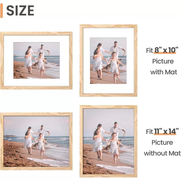 upsimples 11x14 Picture Frame Set of 3 Made of High Definition Glass for 8x10 with Mat or 11x14 Without Mat Wall and Tabletop Display Photo Frames BrownNatural