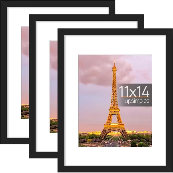 upsimples 11x14 Picture Frame Set of 3 Made of High Definition Glass for 8x10 with Mat or 11x14 Without Mat Wall and Tabletop Display Photo Frames BrownBlack