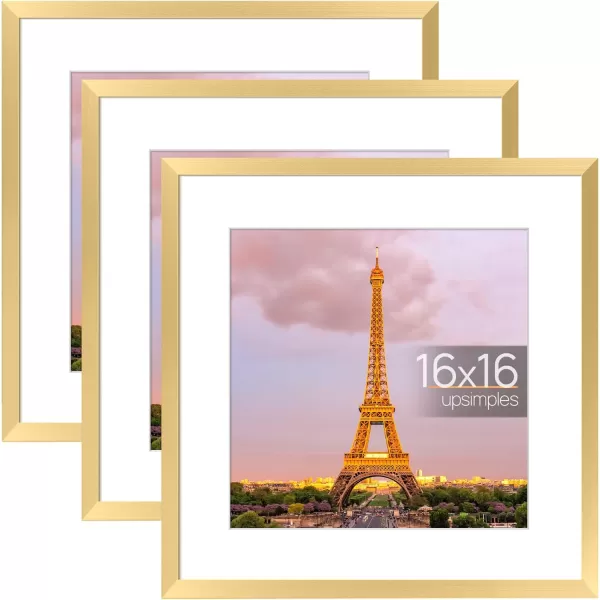 upsimples 11x14 Picture Frame Set of 3 Made of High Definition Glass for 8x10 with Mat or 11x14 Without Mat Wall and Tabletop Display Photo Frames BrownGold