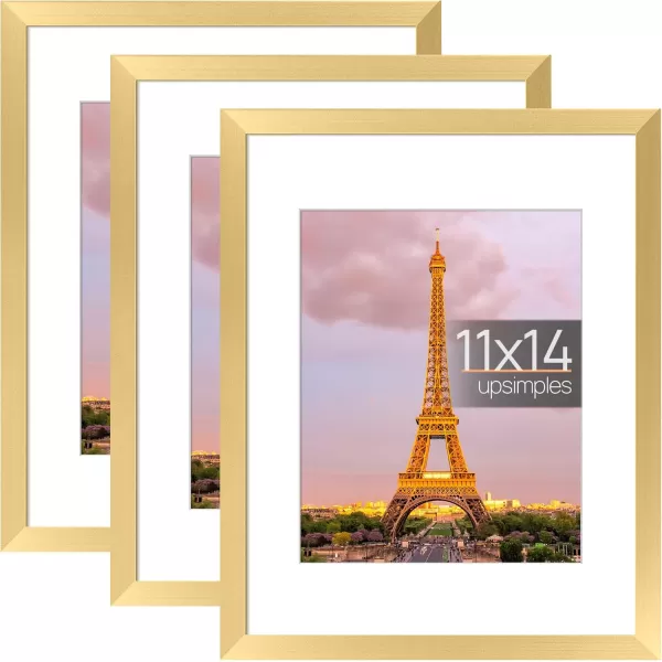 upsimples 11x14 Picture Frame Set of 3 Made of High Definition Glass for 8x10 with Mat or 11x14 Without Mat Wall and Tabletop Display Photo Frames BrownGold