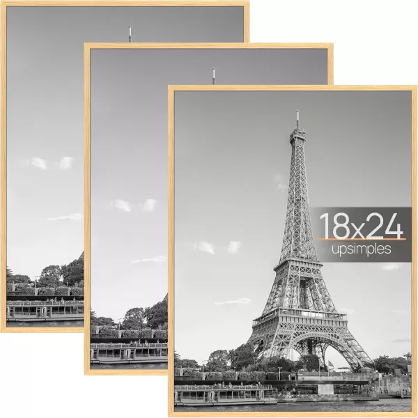 upsimples 18x24 Frame Natural 3 Pack Poster Frames 18 x 24 for Horizontal or Vertical Wall Mounting ScratchProof Wall Gallery Photo FrameNatural