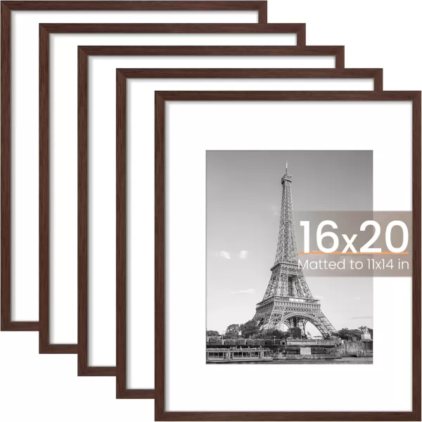 upsimples 8x10 Picture Frame Set of 5 Display Pictures 5x7 with Mat or 8x10 Without Mat Wall Gallery Photo Frames BrownBrown