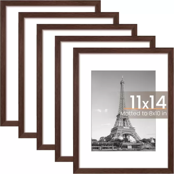 upsimples 8x10 Picture Frame Set of 5 Display Pictures 5x7 with Mat or 8x10 Without Mat Wall Gallery Photo Frames BrownBrown