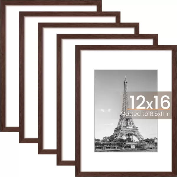 upsimples 8x10 Picture Frame Set of 5 Display Pictures 5x7 with Mat or 8x10 Without Mat Wall Gallery Photo Frames BrownBrown