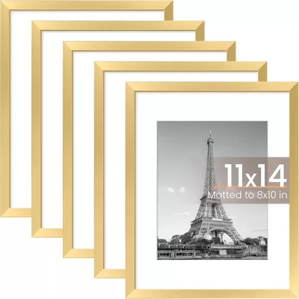 upsimples 8x10 Picture Frame Set of 5 Display Pictures 5x7 with Mat or 8x10 Without Mat Wall Gallery Photo Frames BrownGold