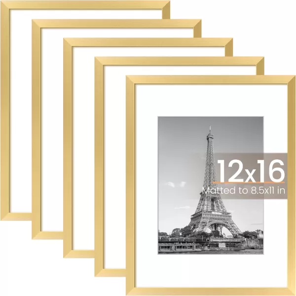 upsimples 8x10 Picture Frame Set of 5 Display Pictures 5x7 with Mat or 8x10 Without Mat Wall Gallery Photo Frames BrownGold