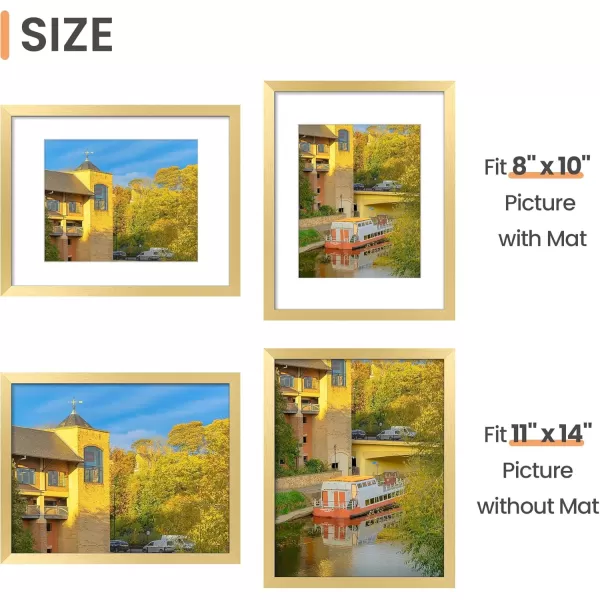 upsimples 8x10 Picture Frame Set of 5 Display Pictures 5x7 with Mat or 8x10 Without Mat Wall Gallery Photo Frames BrownGold