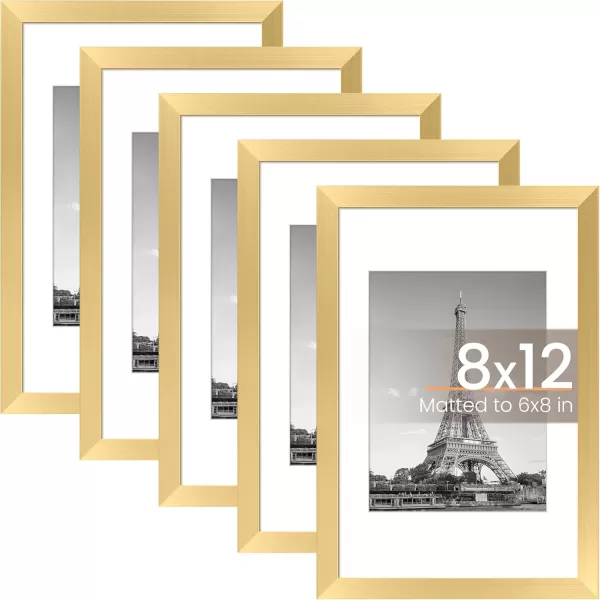 upsimples 8x10 Picture Frame Set of 5 Display Pictures 5x7 with Mat or 8x10 Without Mat Wall Gallery Photo Frames BrownGold