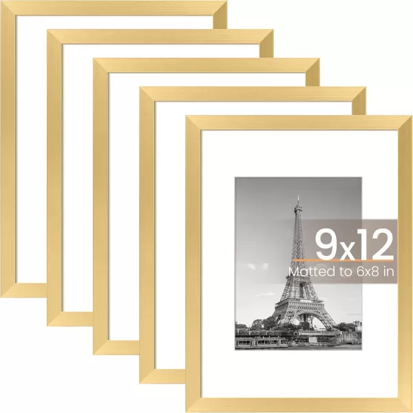 upsimples 8x10 Picture Frame Set of 5 Display Pictures 5x7 with Mat or 8x10 Without Mat Wall Gallery Photo Frames BrownGold