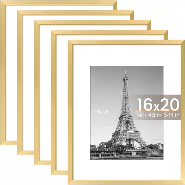 upsimples 8x10 Picture Frame Set of 5 Display Pictures 5x7 with Mat or 8x10 Without Mat Wall Gallery Photo Frames BrownGold