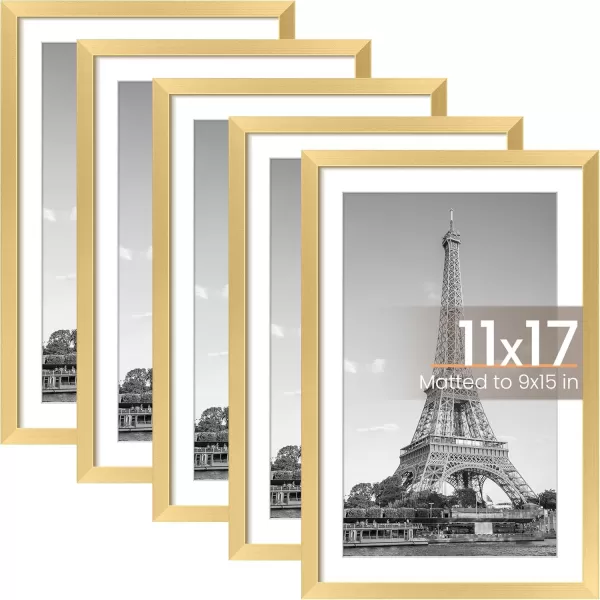 upsimples 8x10 Picture Frame Set of 5 Display Pictures 5x7 with Mat or 8x10 Without Mat Wall Gallery Photo Frames BrownGold