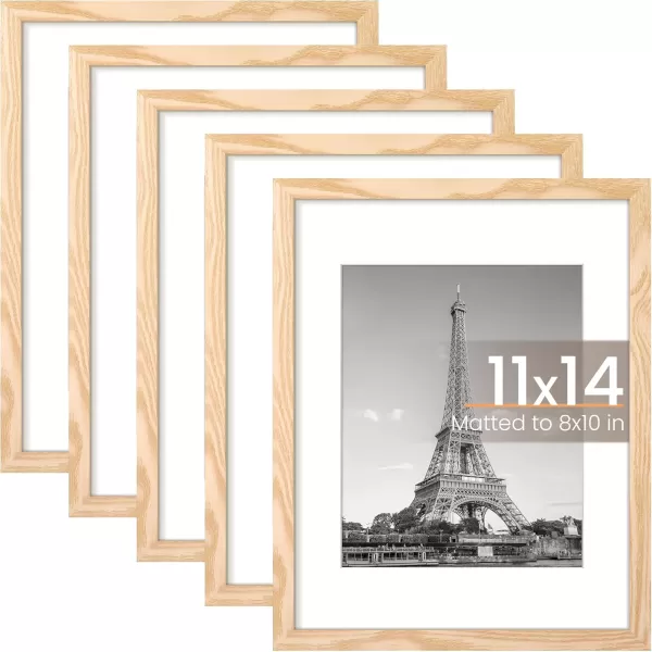 upsimples 8x10 Picture Frame Set of 5 Display Pictures 5x7 with Mat or 8x10 Without Mat Wall Gallery Photo Frames BrownNatural