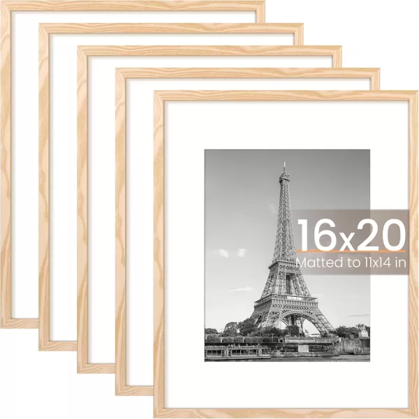 upsimples 8x10 Picture Frame Set of 5 Display Pictures 5x7 with Mat or 8x10 Without Mat Wall Gallery Photo Frames BrownNatural